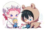  2boys aged_down animal_ears black_hair blonde_hair blue_bow blue_dress blue_eyes blunt_bangs bow commentary cup doll dress english_commentary ensemble_stars! fake_animal_ears fake_tail fang full_body holding holding_teapot hood hood_up itsuki_shu kagehira_mika long_hair long_sleeves mademoiselle_(ensemble_stars!) male_focus multiple_boys no_heterochromia open_mouth pink_hair sekai_yoni short_hair socks star_(symbol) stuffed_animal stuffed_panda stuffed_toy tail teacup teapot toy translation_request valkyrie_(ensemble_stars!) violet_eyes white_headwear white_socks yellow_eyes 