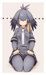  1girl :| belt blush closed_mouth collared_shirt full_body gloves grey_hair grey_necktie grey_pantyhose grey_shirt grey_shorts hair_between_eyes hands_on_lap head_wings highres jitome kaginoni kemono_friends layered_sleeves long_hair long_sleeves looking_at_viewer low_ponytail necktie pantyhose pink_background seiza shirt shoebill_(kemono_friends) short_over_long_sleeves short_sleeves shorts simple_background sitting solo staring wings yellow_eyes 