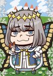  1boy april_fools blue_cape blue_eyes blue_footwear blue_sky bug butterfly cape castle chibi crown fate/grand_order fate_(series) grey_hair looking_at_viewer oberon_(fate) oberon_(first_ascension)_(fate) riyo_(lyomsnpmp) sky snowflakes wings 