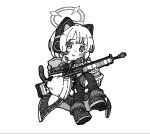  1girl animal_ear_headphones animal_ears assault_rifle blue_archive blush bow cat_ear_headphones cat_ears commentary fake_animal_ears ganbarutoufu gun hair_bow halo headphones highres holding holding_gun holding_weapon jacket legs long_sleeves looking_at_viewer midair midori_(blue_archive) monochrome rifle scope shoes short_hair shorts sidelocks smile solo thigh-highs thighs weapon white_background wide_sleeves 