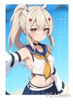  1girl armpits ayanami_(azur_lane) azur_lane belt black_choker blue_skirt blurry choker collarbone commentary_request depth_of_field detached_sleeves hair_between_eyes hair_ornament hairclip headgear highres light_brown_hair long_hair long_sleeves looking_at_viewer navel orange_eyes pleated_skirt ponytail risemu_(c_liesem) school_uniform serafuku sidelocks simple_background skirt solo stomach translation_request twitter_username wide_sleeves 