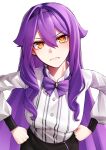  1girl absurdres angry black_shorts breasts closed_mouth frown hair_between_eyes hands_on_own_hips highres honkai_(series) honkai_impact_3rd korean_commentary large_breasts long_hair looking_at_viewer orange_eyes purple_hair purple_ribbon pyeong-il_pyeongil ribbon shirt shorts sirin solo symbol-shaped_pupils upper_body v-shaped_eyebrows white_background white_shirt white_sleeves x-shaped_pupils 