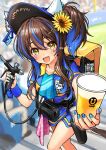  1girl alcohol animal_ears backpack bag baseball_cap beer blue_hair blue_shirt blurry blurry_background blush breasts brown_hair colored_inner_hair cup daitaku_helios_(umamusume) day disposable_cup ear_covers fang fanny_pack feet_out_of_frame flower hair_between_eyes hair_flower hair_ornament hairclip hat holding holding_cup horse_ears horse_girl horse_tail iro_178 long_hair multicolored_hair one_side_up open_mouth outdoors reaching reaching_towards_viewer shirt short_sleeves small_breasts smile solo stairs sunflower sweat tail towel twitter_username two-tone_hair umamusume watermark wristband yellow_eyes 