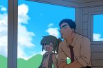  1boy 1girl absurdres black_hair blue_sky blush clouds coat collared_shirt day facial_hair fang goatee green_eyes green_hair highres hill igarashi_futaba_(shiromanta) medium_hair neck necktie office_lady one_eye_closed open_clothes open_vest outdoors ponytail salaryman senpai_ga_uzai_kouhai_no_hanashi shiromanta shirt short_hair sky stubble summer sweat takeda_harumi_(shiromanta) thick_eyebrows vest 