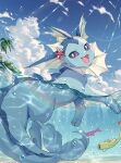  :d blue_skin blue_sky colored_skin commentary fins forked_tail head_fins highres kaminokefusa looking_at_viewer no_humans ocean pokemon pokemon_(creature) sky smile starfish_hair_ornament sunlight swimming tail tatsugiri vaporeon violet_eyes 