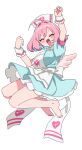 1girl absurdres ahoge apron aqua_dress bob_cut colored_inner_hair commentary dress english_commentary frilled_apron frills hair_intakes happy highres idolmaster idolmaster_cinderella_girls idolmaster_cinderella_girls_starlight_stage jumping low_wings multicolored_hair open_mouth pink_hair pink_wings saito_katuo simple_background smile solo two-tone_hair white_apron white_background wings yumemi_riamu 