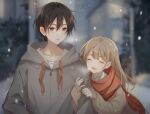  1boy 1girl black_hair blurry blurry_background blush brown_sweater closed_eyes commentary couple drawstring facing_viewer grey_hoodie highres holding_another&#039;s_arm hood hood_down hoodie light_brown_hair long_hair looking_at_another open_mouth original outdoors red_eyes red_scarf scarf shirt short_hair sleeves_past_wrists smile snowing solo sumi_0525 sweater teeth twitter_username upper_body upper_teeth_only white_shirt 