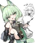  1girl :p animal_ears arknights black_footwear black_ribbon blush boots cat_ears cat_girl cat_tail chibi fang green_eyes green_hair grey_sweater_vest harmonie_(arknights) highres holding holding_wand jacket jacket_on_shoulders knees_up long_hair long_sleeves looking_at_viewer neck_ribbon ribbon simple_background sitting skin_fang sohare solo sweater_vest tail tail_ornament tail_ring tongue tongue_out wand white_background white_jacket 