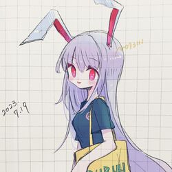  1girl animal_ears bag blush dated green_shirt highres long_hair m_(m073111) open_mouth purple_hair rabbit_ears red_eyes reisen_udongein_inaba shirt short_sleeves shoulder_bag smile solo touhou twitter_username upper_body 