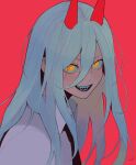  1girl chainsaw_man collared_shirt cross-shaped_pupils demon_horns hair_between_eyes highres horns long_hair looking_at_viewer necktie open_mouth power_(chainsaw_man) red_background red_horns risorins sharp_teeth shirt simple_background smile solo symbol-shaped_pupils teeth white_shirt yellow_eyes 