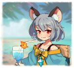  1girl adapted_costume animal_ear_fluff animal_ears blush border closed_mouth clouds commentary_request day grey_hair jewelry light_smile looking_at_viewer mouse_ears nazrin outdoors pendant red_eyes short_hair sky solo touhou upper_body white_border yoshiyuki_(14330975) 