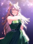 1girl animal_ears arm_at_side bare_arms belt blurry breasts brown_hair clenched_hand depth_of_field dress glint green_dress highres horse_ears horse_girl horse_tail korean_commentary long_hair night outstretched_arm sleeveless sleeveless_dress small_breasts smile solo star_(sky) symboli_rudolf_(enchainment)_(umamusume) symboli_rudolf_(umamusume) tail ukka_(0ukka_) umamusume upper_body violet_eyes 