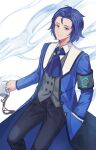  1boy absurdres armband ascot black_pants blue_ascot blue_coat blue_hair buttons chesed_(project_moon) coat collared_shirt cup double-breasted grey_vest hand_in_pocket haro_(haro_339) highres holding holding_cup lobotomy_corporation long_sleeves male_focus medium_hair mug pants parted_bangs project_moon shirt smoke solo vest white_shirt 