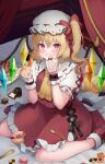  1girl absurdres ascot blonde_hair blush cake collared_shirt crystal doughnut eating flandre_scarlet food food_on_face fork frilled_skirt frilled_sleeves frills hair_between_eyes hat highres holding holding_food long_hair mob_cap one_side_up open_mouth red_eyes red_skirt red_vest shirt short_sleeves skirt solo touhou usushio vest white_headwear white_shirt wings wrist_cuffs yellow_ascot 
