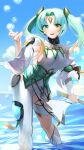  1girl :d absurdres asymmetrical_clothes blue_sky breasts bubble cowboy_shot fire_emblem fire_emblem_heroes forehead_jewel gradient_clothes gradient_hair green_hair hair_ornament heidr_(fire_emblem) heterochromia highres holding holding_staff ikura_(downdexp) long_hair looking_at_viewer multicolored_hair orange_hair partially_submerged pelvic_curtain sideboob single_pantsleg sky smile solo staff thigh_strap thighs twintails water yellow_eyes 