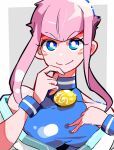  1girl blue_eyes blush_stickers dougi hand_on_own_chin highres kishiri_(sakurasaku_xyli) manon_legrand medal off_shoulder pink_hair short_hair_with_long_locks sidelocks smile solo split_mouth street_fighter street_fighter_6 wristband 