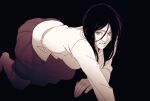  1girl all_fours barefoot breasts commentary crawling greyscale hair_between_eyes hanpetos long_skirt medium_breasts monochrome pieck_finger pleated_skirt shingeki_no_kyojin skirt solo 
