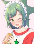  annoyed clothes fang food green_hair heyuri heyuri_tan holding holding_food imageboard non-web_source sandwich 