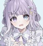  1girl blue_background blue_eyes bow bowtie commentary commission cross_hair_ornament crying hair_ornament heterochromia highres indie_virtual_youtuber mutsuki_ciel open_mouth purple_hair simple_background skeb_commission solo symbol-only_commentary violet_eyes virtual_youtuber white_bow white_bowtie yuuki_hajime 