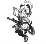  1girl :o animal_ear_headphones animal_ears arm_up assault_rifle blue_archive blush bow cat_ear_headphones cat_ears cat_tail clenched_hand commentary fake_animal_ears ganbarutoufu gun hair_bow halo headphones highres holding holding_gun holding_weapon jacket jumping legs long_sleeves looking_ahead midair momoi_(blue_archive) monochrome necktie open_clothes open_jacket rifle shirt shoes short_hair sidelocks skirt solo suspenders tail thigh-highs thighs v-shaped_eyebrows weapon white_background wide_sleeves 