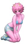  1girl absurdres ashido_mina bare_shoulders boku_no_hero_academia collarbone highres horns kneeling lentiyay looking_at_viewer shoes shorts simple_background smile sneakers solo 