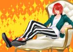  1boy absurdres ao_(lancelot) armchair bishounen bishounen_series black_footwear blue_jacket chair eyelashes fukuroi_mitsuru full_body highres jacket male_focus orange_background orange_eyes ottoman pants parted_lips redhead school_uniform shirt short_hair striped striped_pants vertical-striped_pants vertical_stripes white_shirt yubiwa_high_school_uniform 