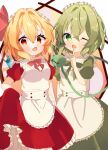  2girls ;d alternate_costume apron blonde_hair blush bow cowboy_shot crystal dress enmaided fang finger_to_mouth flandre_scarlet frilled_shirt_collar frills green_dress green_eyes green_hair hand_up index_finger_raised iris_(airisu495) looking_at_viewer looking_to_the_side maid maid_headdress medium_hair multiple_girls one_eye_closed one_side_up open_mouth puffy_short_sleeves puffy_sleeves red_dress red_eyes short_sleeves simple_background skirt_hold smile touhou waist_apron white_apron white_background wings 