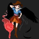  belt black_hair black_wings boots brown_footwear brown_headwear brown_skirt cowboy_boots cowboy_hat full_body hand_on_own_hip hat highres horse_girl keiki8296 kurokoma_saki long_hair looking_at_viewer multicolored_clothes off_shoulder pegasus_wings red_eyes scarf short_sleeves skirt smile standing tachi-e touhou very_long_hair white_scarf wings wolf wolf_spirit_(touhou) 