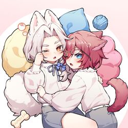  2boys aged_down animal_ears belt blue_eyes blush cat_boy cat_ears cat_tail character_name daya_kro dog_boy dog_ears dog_tail ensemble_stars! grey_shorts highres hug long_sleeves male_child multicolored_background multiple_boys one_eye_closed open_mouth orange_eyes pink_background pink_hair ran_nagisa saegusa_ibara shirt short_hair shorts sleepy tail white_background white_belt white_hair white_shirt yarn 