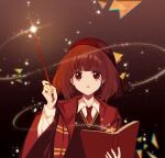  1girl arima_kana book cosplay harry_potter_(series) hat highres hogwarts_school_uniform holding holding_book holding_wand jacket looking_up magic oshi_no_ko red_eyes red_headwear redhead school_uniform short_hair solo wand wizarding_world xiang_yu_pai 