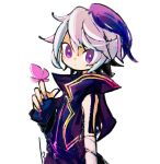  13_31n 1girl androgynous arm_at_side arm_warmers bug butterfly butterfly_on_hand closed_mouth commentary_request expressionless flower_(vocaloid) flower_(vocaloid4) from_side grey_hair hand_up light_frown looking_at_viewer looking_to_the_side multicolored_hair open_clothes open_vest purple_hair purple_nails purple_shirt purple_vest shirt short_hair signature simple_background single_arm_warmer solo streaked_hair upper_body vest violet_eyes vocaloid white_background 