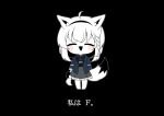  0725akaba 1girl :d animal_ear_fluff animal_ears barefoot black_background black_bow black_hairband black_vest blue_bow blue_jacket blush_stickers bow braid chibi closed_eyes facing_viewer fox_ears fox_girl fox_tail frilled_skirt frills full_body grey_skirt hair_bow hairband highres hololive jacket long_hair long_sleeves open_clothes open_jacket shirakami_fubuki shirt simple_background skirt smile solo standing tail translation_request undertale very_long_hair vest virtual_youtuber white_hair white_shirt 