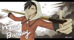  1boy ayan_ip black_hair closed_mouth ethan_(pokemon) happy_birthday highres holding hood hood_up jacket long_sleeves looking_at_viewer male_focus outstretched_arms pokemon pokemon_adventures shirt short_hair smile solo twitter_username upper_body watermark yellow_eyes zipper_pull_tab 