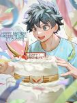  1boy balloon birthday birthday_cake blush boku_no_hero_academia cake candle food freckles green_eyes green_hair happy_birthday highres messy_hair midoriya_izuku muscular muscular_male open_mouth ribbon simple_background solo uni_ssansyo white_background 