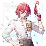  1boy 2022 black_pants blush brown_pants closed_eyes confetti dated daya_kro ensemble_stars! flag_gun glasses gun holding holding_gun holding_weapon jacket long_sleeves looking_at_viewer male_focus pants pink_hair saegusa_ibara shirt short_hair smile solo teeth weapon white_jacket white_shirt 