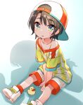  2girls aged_down backwards_hat baseball_cap between_legs blush_stickers brown_hair hand_between_legs hat hololive multiple_girls oozora_subaru open_mouth qnakamura rubber_duck shadow shirogane_noel shirt shoes short_hair shorts striped striped_shirt tomboy you_gonna_get_raped 