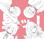  2boys 2girls andromedako andromedako_(cosplay) antennae arm_up blush cosplay greyscale_with_colored_background hair_flaps hand_up kamishiro_rui kusanagi_nene long_hair looking_at_viewer multiple_boys multiple_girls nayutan_sei_kara_no_buttai one_eye_closed ootori_emu open_mouth pink_background pointing pointing_up project_sekai qi7pi short_hair smile sparkle star_(sky) taiyoukei_disco_(vocaloid) tenma_tsukasa very_long_hair wonderlands_x_showtime_(project_sekai) 