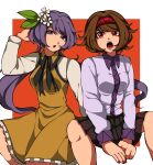  1jumangoku 2girls black_bow black_bowtie black_skirt border bow bowtie breasts brown_hair chin clenched_hand collar collared_dress commentary dress eyelashes flower frilled_dress frills frown hair_flower hair_ornament hand_in_own_hair hands_on_lap highres leaf_hair_ornament long_hair long_sleeves looking_at_viewer low_twintails miniskirt multiple_girls nail_polish open_mouth orange_background purple_collar purple_hair red_eyes red_nails redhead shirt short_dress short_hair siblings sisters sitting skirt small_breasts teeth thick_eyebrows touhou tsukumo_benben tsukumo_yatsuhashi twintails upper_teeth_only v-shaped_eyebrows violet_eyes white_border white_flower white_shirt yellow_dress 