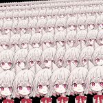  1girl :3 animal_ear_fluff animal_ears blush_stickers bow bowtie cat_ears cat_girl crossed_bangs double-parted_bangs highres looking_at_viewer medium_hair multiple_views pink_eyes red_bow red_bowtie sayo_(voicevox) shirt smile straight-on upper_body voicevox white_hair white_shirt yunuki_uta 