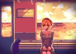  1girl aegis_(persona) android blonde_hair blue_dress blue_eyes clouds cloudy_sky dress emi_star frilled_dress frills hand_grip highres looking_down ocean own_hands_together persona persona_3 reflection reflective_water sad short_hair sitting sky solo sunset train_interior upper_body vignetting 