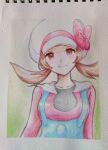  1girl asuka_rkgk blue_jumpsuit blush bow brown_eyes brown_hair closed_mouth collarbone eyelashes hat hat_bow highres jumpsuit long_hair lyra_(pokemon) pink_bow pink_shirt pokemon pokemon_(game) pokemon_hgss shirt smile solo traditional_media twintails upper_body white_headwear 