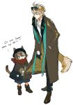  2boys absurdres aged_down animal_ears arknights black_gloves blonde_hair blue_bag blue_eyes blue_pants blue_shorts boots brown_coat brown_footwear cat_ears cat_tail coat dog_ears dog_tail eyewear_on_head furrysin gloves highres long_sleeves multiple_boys open_mouth pants red_scarf scarf shirt shoes shorts simple_background stainless_(arknights) sunglasses tail tequila_(arknights) tequila_(card_winner)_(arknights) white_background white_shirt 