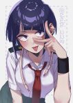  1girl armband blue_eyes blue_hair blush boku_no_hero_academia breasts chibi_228 dark_blue_hair grey_background highres jirou_kyouka large_breasts leaning_forward looking_at_viewer necktie school_uniform short_hair simple_background skirt solo tongue tongue_out twitter_username v 