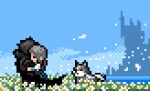  1boy 1girl black_cape black_hair cape castle clive_rosfield field final_fantasy final_fantasy_xvi flower flower_field grey_wolf jill_warrick long_hair outdoors pixel_art sky torgal_(ff16) wolf zangekiss 