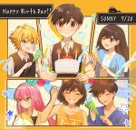  2girls 4boys alternate_eye_color aubrey_(omori) basil_(omori) birthday_cake black_hair black_sweater blonde_hair blue_eyes blush brown_eyes brown_hair cake candle cat closed_mouth collarbone collared_shirt dark-skinned_male dark_skin food green_eyes grin hairband happy_birthday hat hero_(omori) holding holding_cake holding_food holding_party_popper jacket kel_(omori) long_hair looking_at_another looking_at_viewer mari_(omori) mewo multiple_boys multiple_girls omori open_mouth parted_lips party_hat party_popper pink_hair shirt short_hair short_sleeves smile sunny_(omori) sweater teeth white_jacket white_shirt wosinnk 