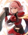  1girl bodystocking fire_emblem foreshortening haru_(nakajou-28) highres holding holding_sword holding_weapon lapis_(fire_emblem) looking_at_viewer pink_hair red_armor ribbon short_hair sword weapon white_background 