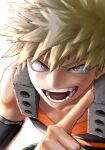  1boy bakugou_katsuki bare_shoulders blonde_hair boku_no_hero_academia evil_grin evil_smile grin imoan_atag implied_light_source leaning_forward looking_at_viewer muscular muscular_male open_mouth pointing red_eyes simple_background smile solo spiky_hair sunlight teeth twitter_username white_background 