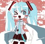  1girl :d @_@ aqua_hair bagacide bare_shoulders black_skirt blue_eyes blush_stickers collared_shirt detached_sleeves fang grey_shirt hair_between_eyes hair_ornament hatsune_miku headset jaggy_lines long_hair looking_at_viewer necktie number_tattoo one_eye_closed open_mouth pleated_skirt shirt shoulder_tattoo skirt sleeveless sleeveless_shirt sleeves_past_fingers sleeves_past_wrists smile solo standing tattoo thigh-highs twintails vocaloid zettai_ryouiki 