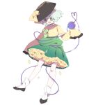  1girl arm_at_side bare_legs black_footwear black_headwear blouse eyeball falling_petals flower frilled_skirt frilled_sleeves frills full_body green_eyes green_skirt hands_up hat hat_ribbon heart heart_of_string high-waist_skirt highres komeiji_koishi light_green_hair long_sleeves looking_at_viewer moka_(0w0_mk_0w0) open_mouth petals ribbon shirt shoes short_hair simple_background skirt sleeves_past_fingers sleeves_past_wrists smile solo standing standing_on_one_leg tachi-e third_eye touhou two-tone_footwear wavy_hair white_background white_footwear wide_sleeves yellow_flower yellow_ribbon yellow_shirt 