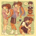 ! !! 2boys ? absurdres artist_name bishounen black_hair carrying cat_boy dog_boy english_commentary hands_on_another&#039;s_face heart highres interracial kel_(omori) kiss kissing_cheek male_focus multiple_boys omori piggyback short_hair shorts simple_background smile socks spoken_heart spoken_question_mark sunny_(omori) tail tail_wagging tank_top teeth upper_teeth_only white_socks yaoi zipsunz
